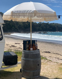 Wine Barrels - Grey with Fringe Umbrellas (Hire Price & Pickup Only)